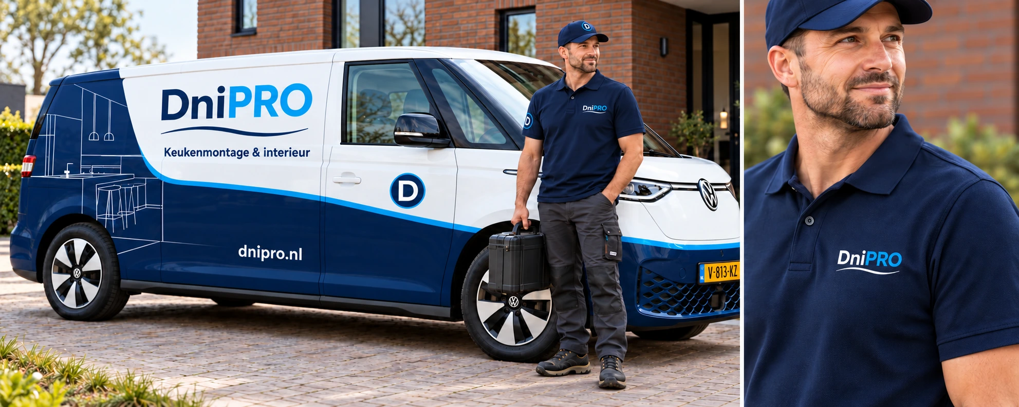 DniPRO concept: branded Volkswagen ID. Buzz naast een monteur in donkerblauwe werkkleding